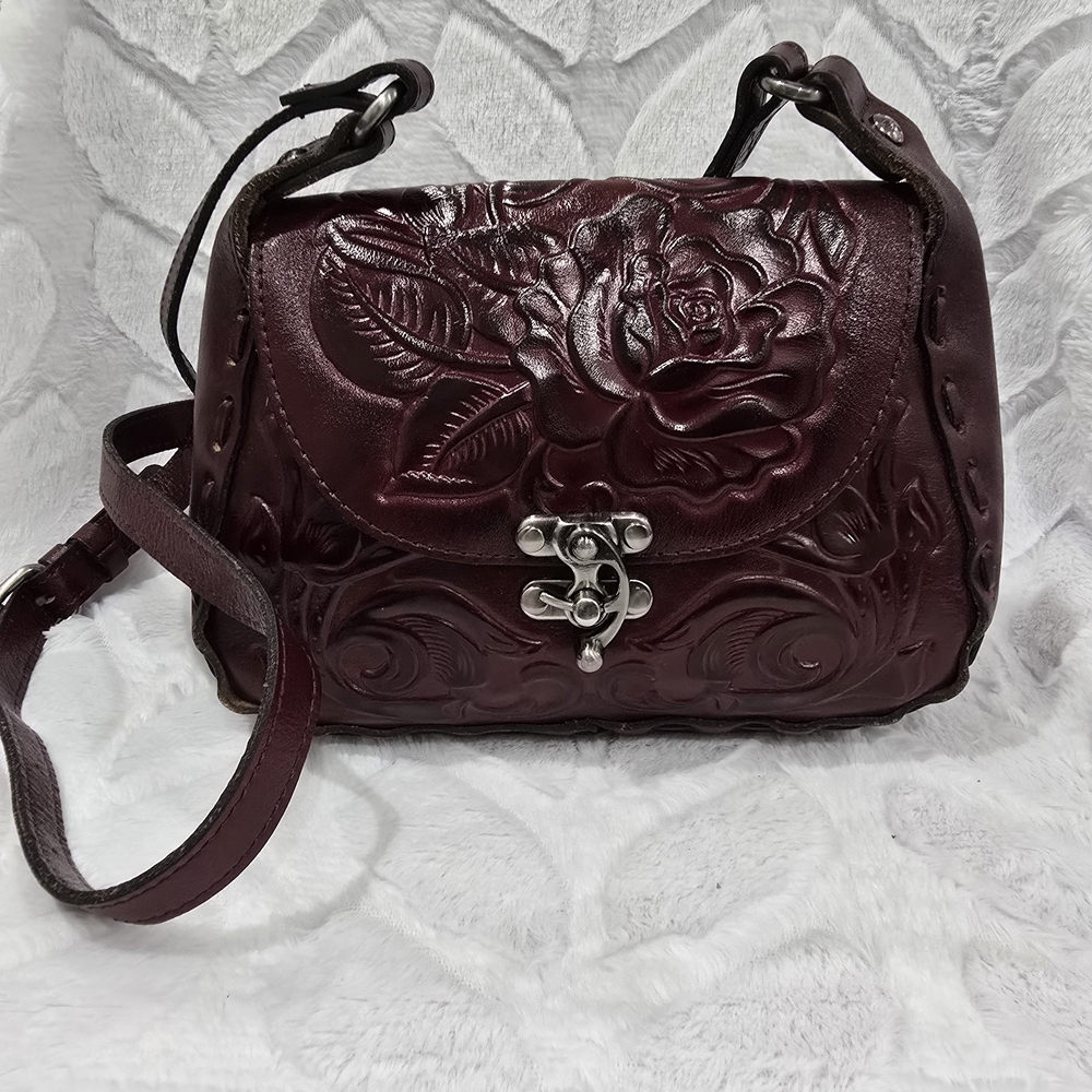 Embossed Floral Leather Crossbody Bag in Burgundy - Picture 2 of 8